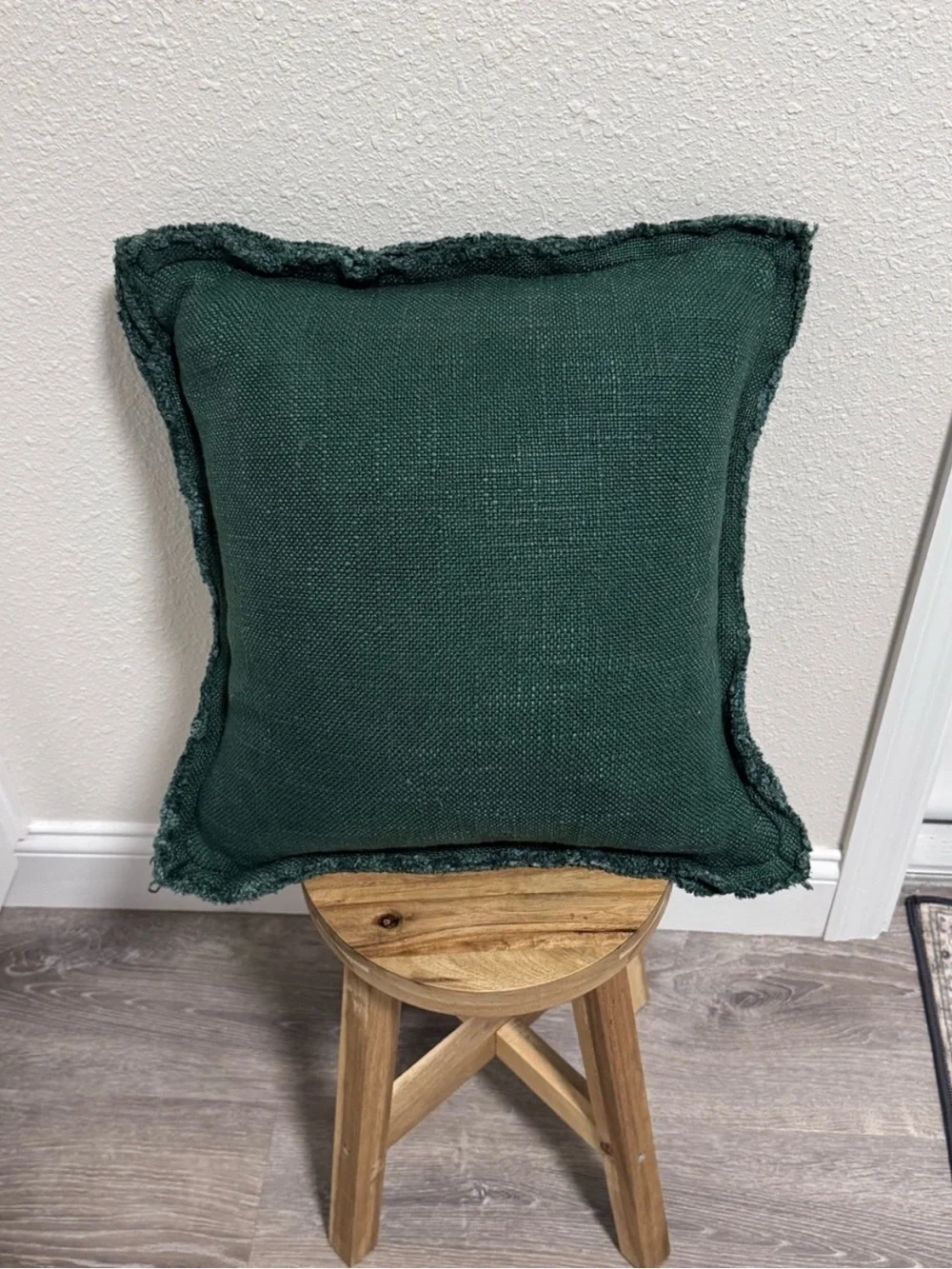 Anthropologie Luxe Emerald Green Linen Blend Pillow Cover 18x18 Fringed Edge